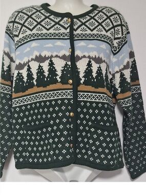 Fair Isle Scenic Knit Cardigan - White Mountains, Green Trees, Blue Sky MP EUC